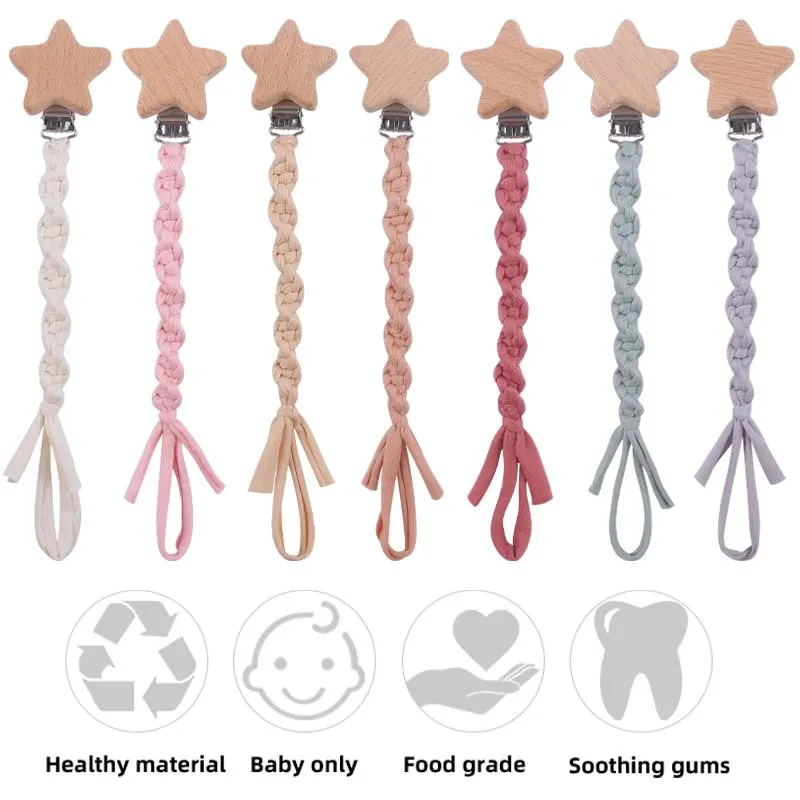 

Beech Wood Pentagram Baby Pacifier Clips Hand Braided Cotton Cloth Baby Pacifier Chain For Teething Nipple Chain Shower Gifts