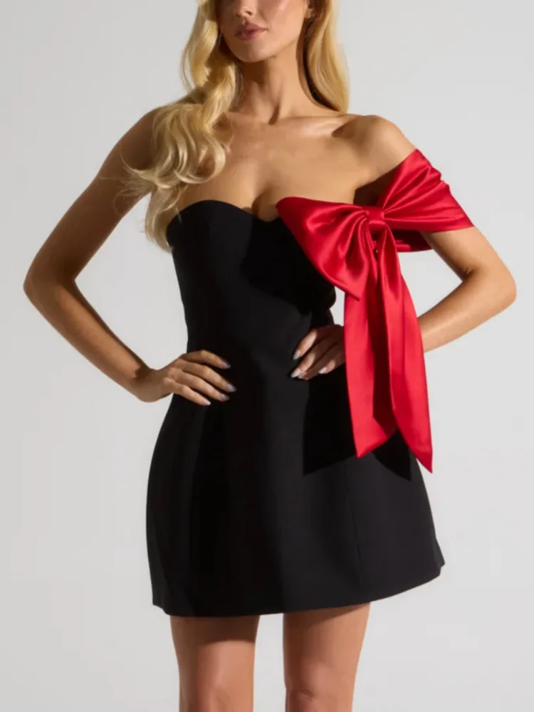 

Mozision Off-shoulder Bow Sleeve Sexy Mini Dress For Women Robe Fashion Strapless Backless Evening Club Party Dress Elegant