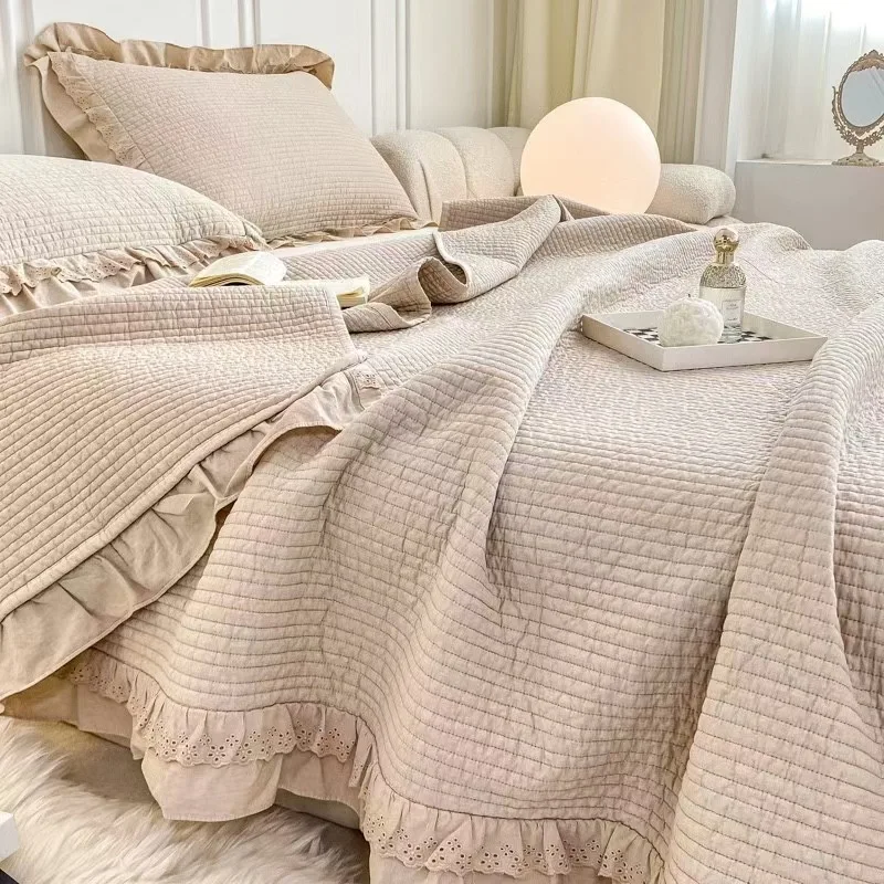 

Dense Quilted Sandwashed Cotton Bedspread Set 3PCS - Thick Double Ruffle Sheet & Lightweight All-Season Solid Color Soft Quilts