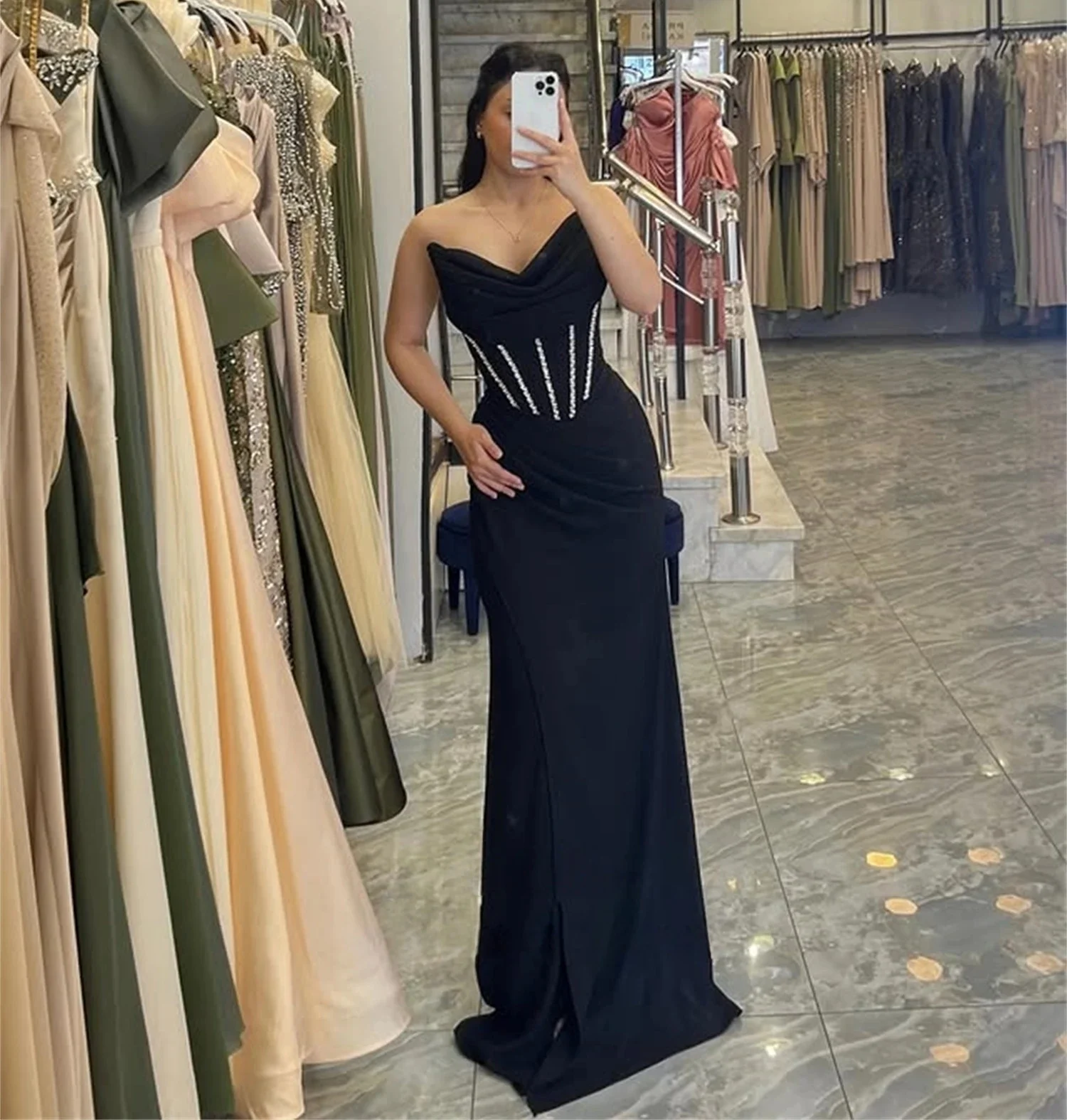 

Black Beaded Long Bespoke Occasion Gown Evening Dresses Pastrol Unisex Jersey Retro Dubai Saudi Arabic Israel Prom Customized