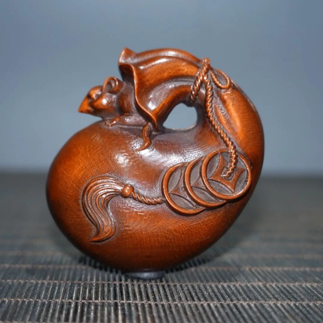 Hand Carved Wood money bag and rat Statue Figurine Desktop Ornaments Home Decoration Crafts Tea Pet Decor