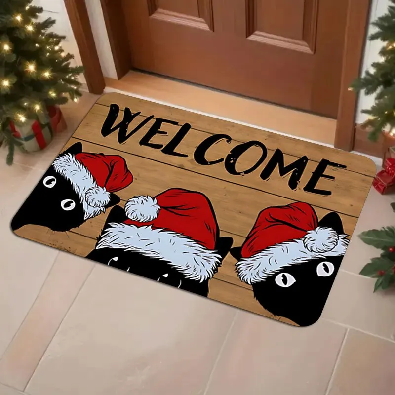 A Christmas Welcome Mat Featuring Three Black Kittens Wearing Santa Hats, Made of Soft Polyester for Indoor And Outdoor Use, S