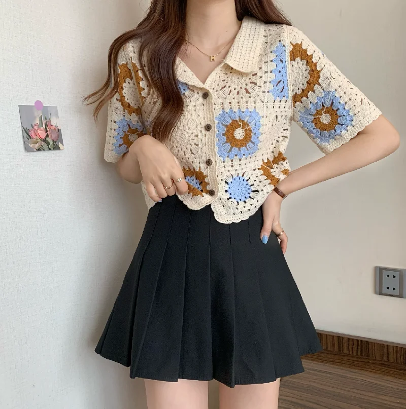 OUMEA Women Knitted Crochet Blouse Color Block Buttons Front Contrast Color Casual Tops Short Sleeve Openwork Chic Beach Tops