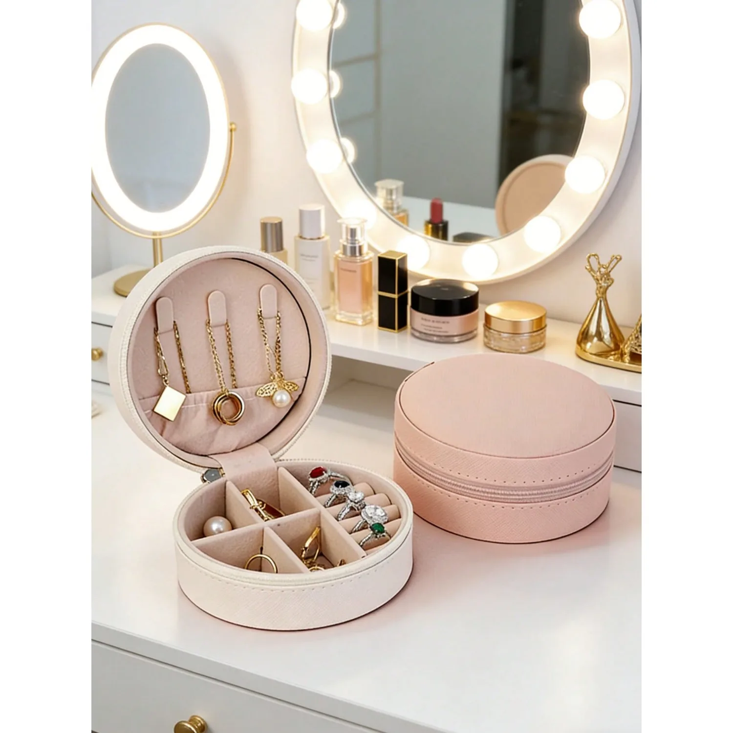 Circular Jewelry Box, Portable Mini Travel Storage Box, Suitable For Storing Rings, Watches, Necklaces And Other Jewelry