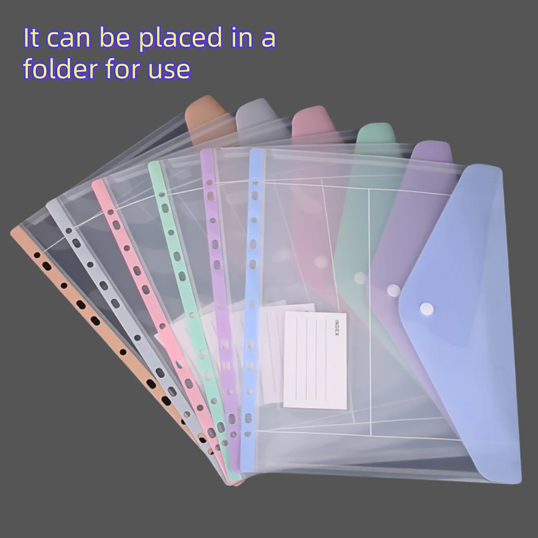 6pcs Plastic Envelopes Binder Pocket 11 Holes Expandable Binder Folders for 2/3/4 Ring Document Pouch with Snap Button