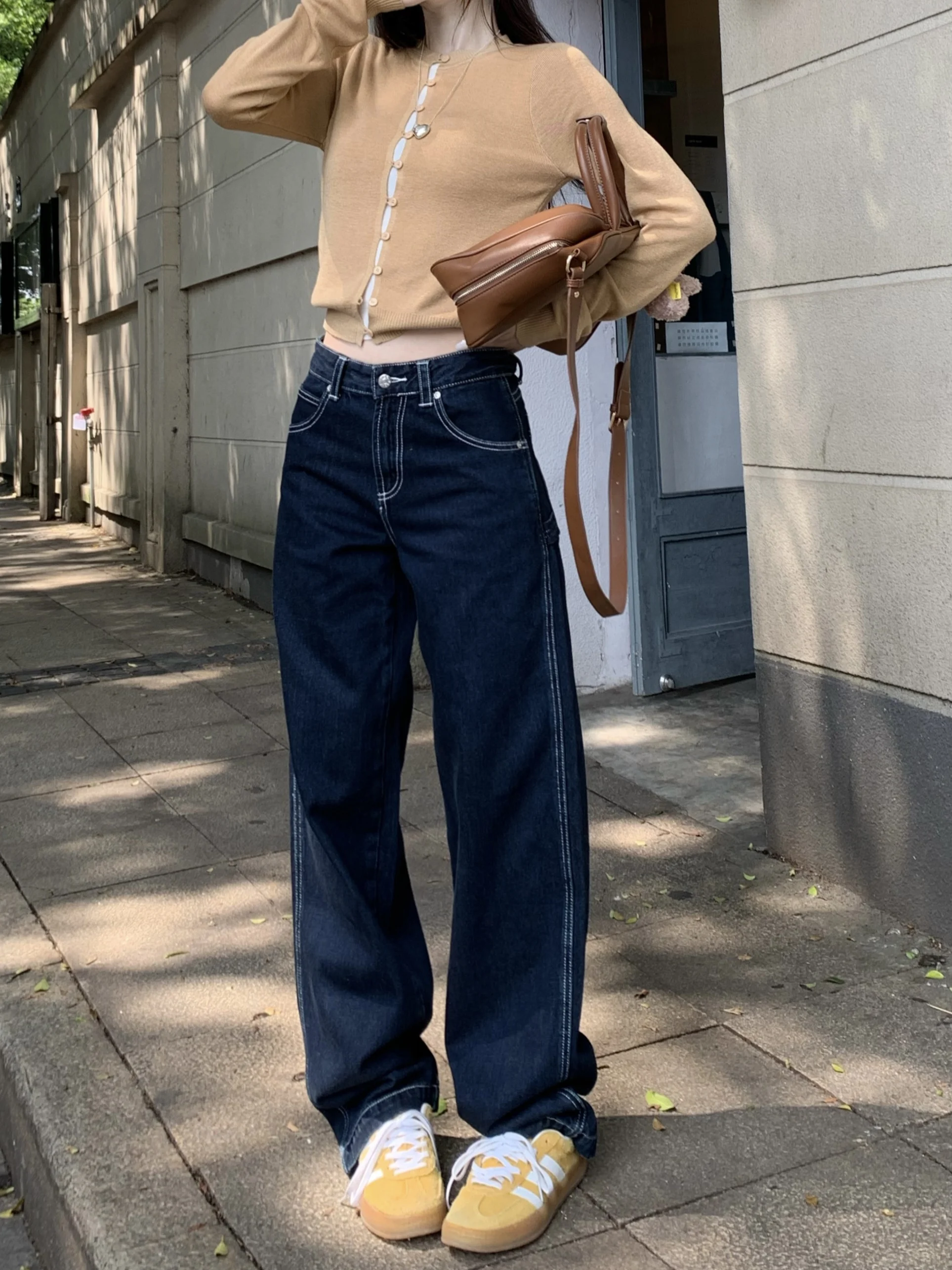 

Offcat Vintage Deep Blue Wide Leg Denim Jeans Women's Casual American Style High Waist Straight Leg Pants Autumn Collection