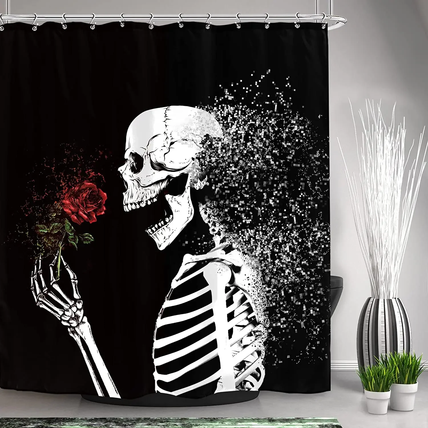 Rose Skull Day Of The Dead Hippie Mexican Floral Shower Curtains Romantic Wedding Bride Groom Endless Halloween Bathroom Decor