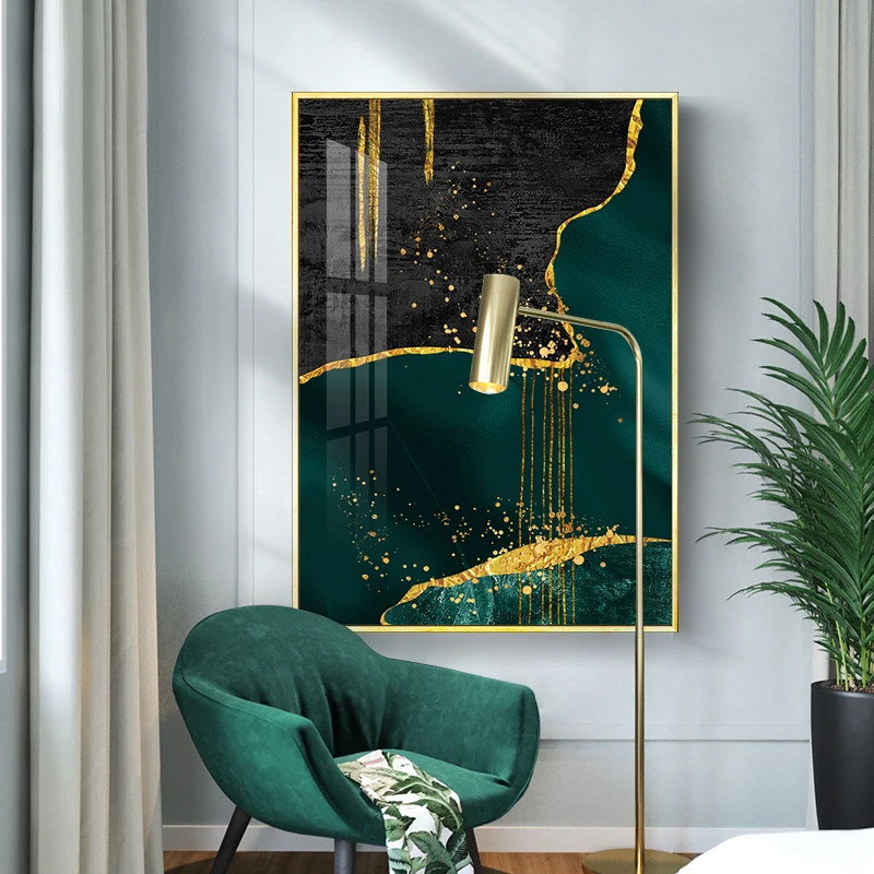 

Minimalist Abstract Gold foil lines Green Wall Poster Modern Style Canvas Print Texture Painting Art Room Decoration Picture