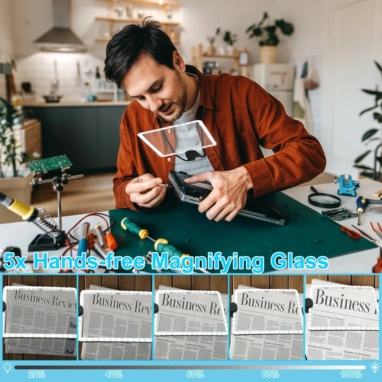 5X Full Page Magnifying Glass Hands Free Neck Mounted Dimmable LED Magnifier for Books Maps Newspapers Painting Repair