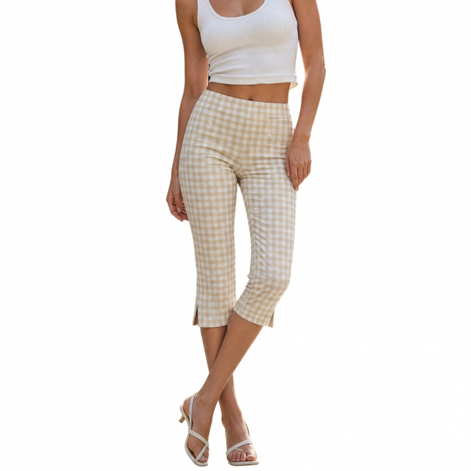 Women Capri Pants, Elegant 3/4 Length Plaid Slit Cropped Pants Streetwear
