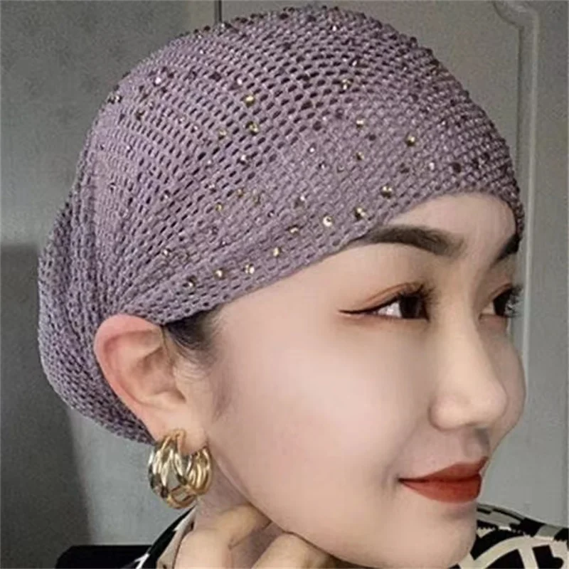 2023 New Breathable Mesh Summer Turban Hat Elastic Women Diamonds Muslim Headscarf Bonnet Lady Hair Loss Head Cover Beanie