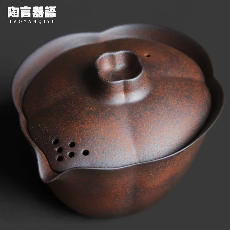 

LH coarse pottery old rock mud lotus leaf hand grab small teapot Chinese retro zen wide mouth bowl pot