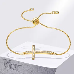 Vnox Full CZ Stones Cross Bracelets for Women Teens, Gold Color Slim Box Link Chain Bracelets Wristband,Religion Faith Accessory