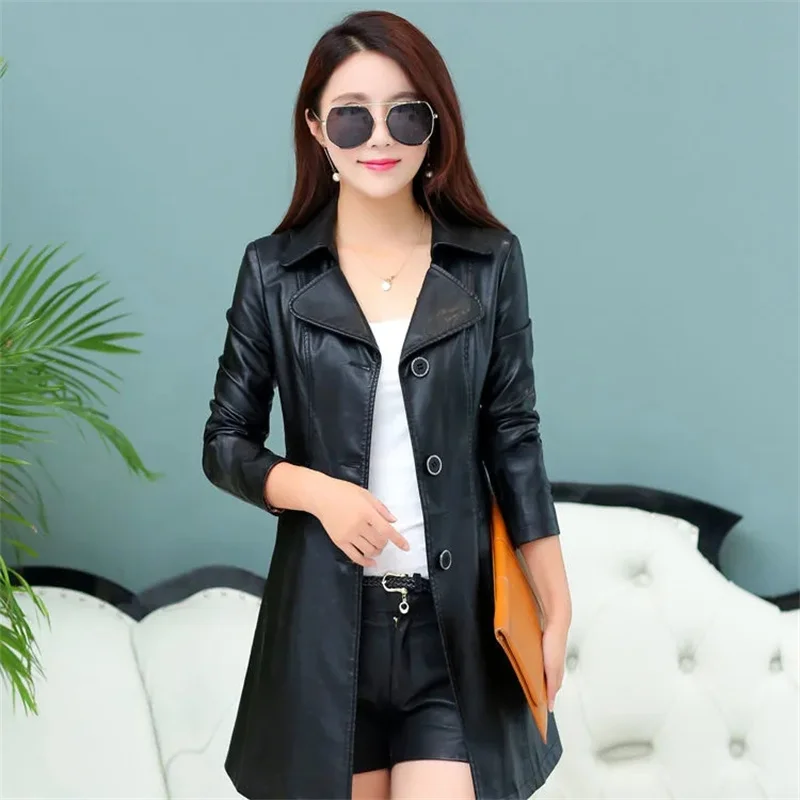 Women PU Leather Jacket Nice Autumn Leather Overcoat Female Mid-length Leather Windbreaker Femme Korean Slim Tops 5XL