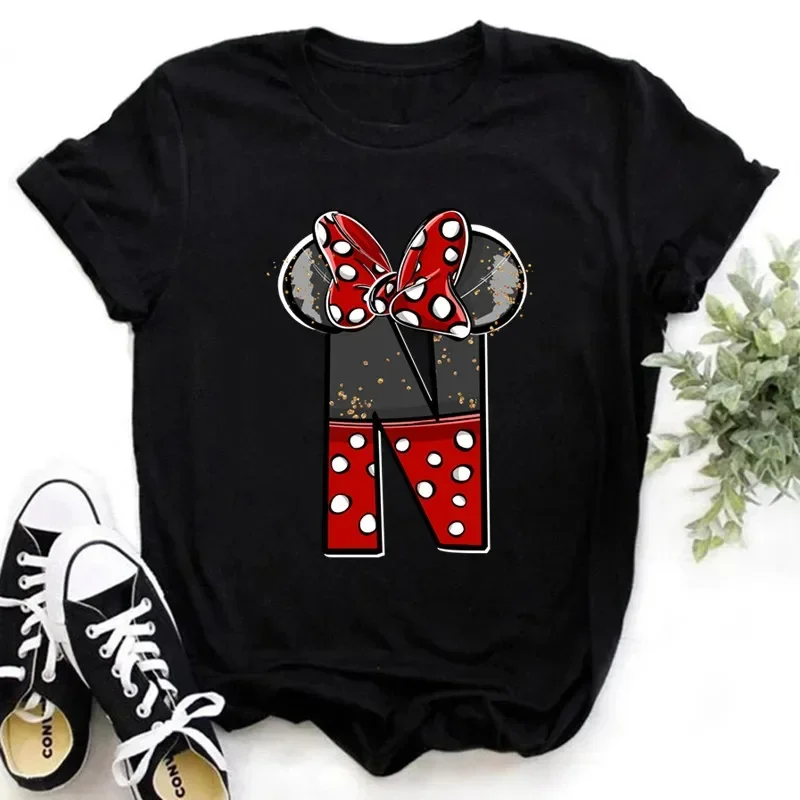 2024 Disney Kids Clothing Minnie Mouse Red Gold Grey Black Glitter Hand-drawn Letters A-Z Print Girls T-shirt Black Y2k Tops