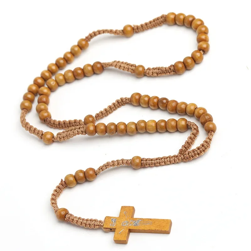 Collar de Rosario de cuentas de madera católica para mujer, crucifijo, Cruz, colgante INRI, cadena de cuerda trenzada a mano, joyería de oración religiosa para hombres