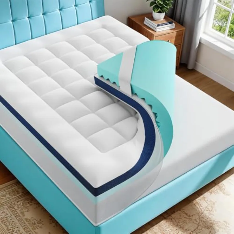 

4 Inch Dual Layer Memory Foam Mattress Topper - 2 Inch 1000GSM Fluffy Soft Pillow Top Mattress Pad Cover and 2 Inch Cooling Gel