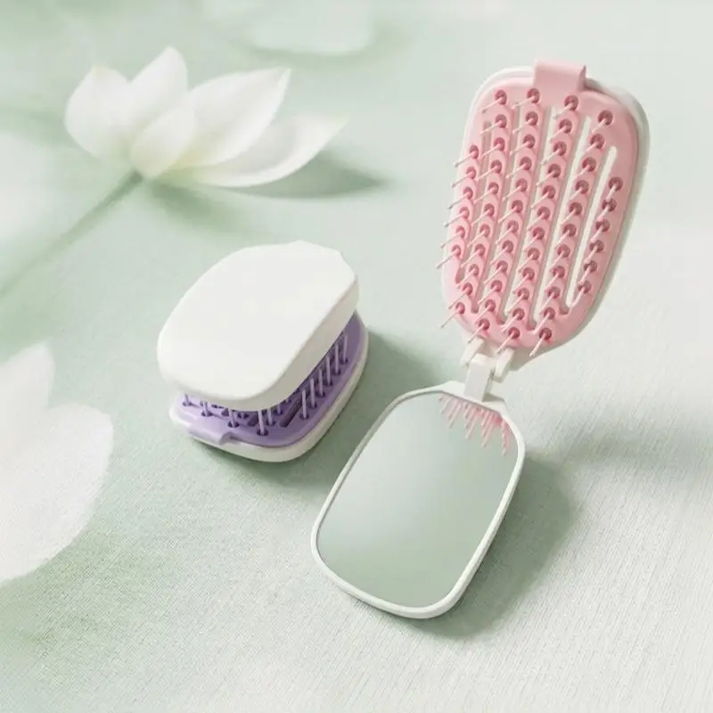 2 In 1 Travel Folding Hair Comb With Built-in Makeup Mirror One Key Hair Remover Air Cushion Detangling Scalp Massage Hairbrush