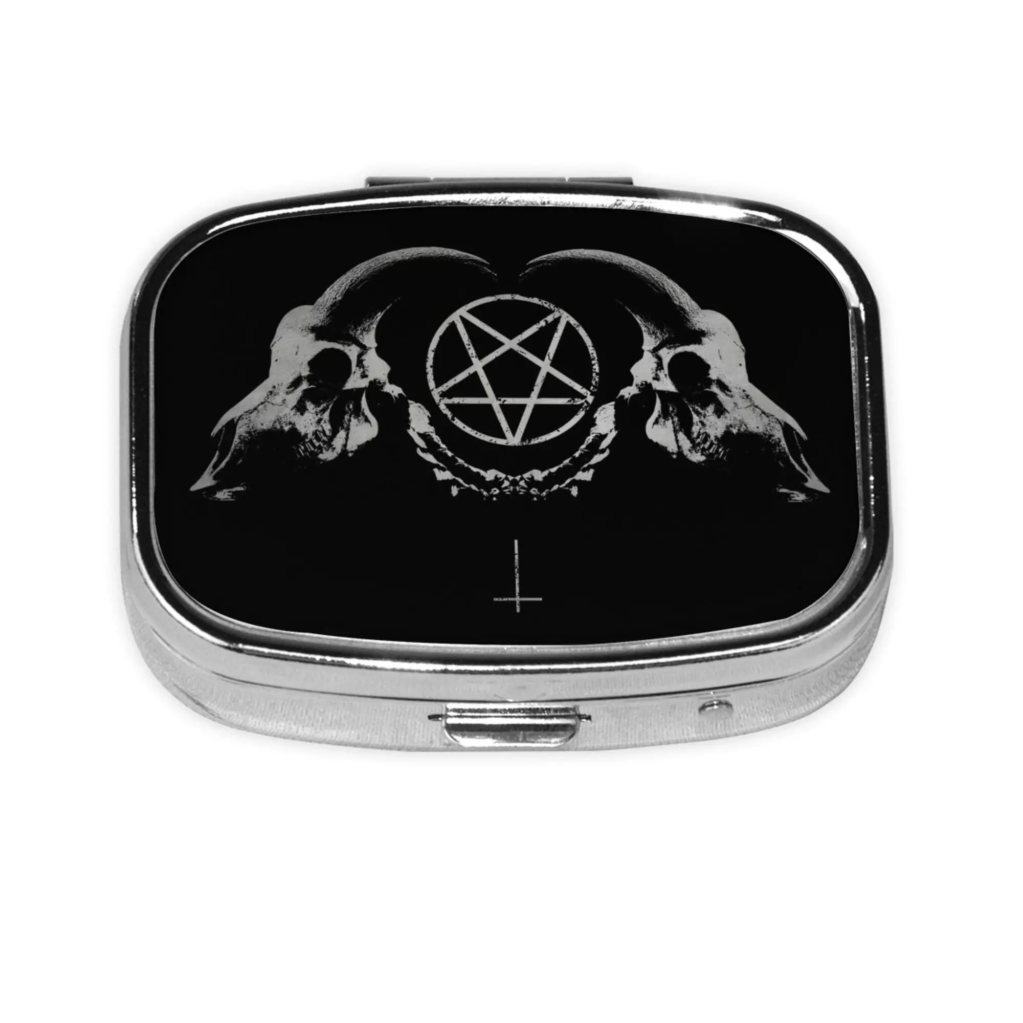 Pentagram Satantic Occult Church of Satan Goat Goth Pill Box 2 Compartment Medicine Pill Case Portable Metal Vitamin Organizer