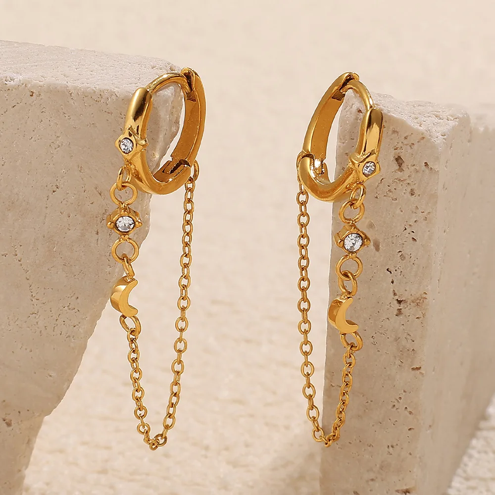 

Elegant Earrings Ear Bone Clip Micro Inlaid Zircon Stainless Steel Ladies Fashion Style Gold Long Chain Earrings