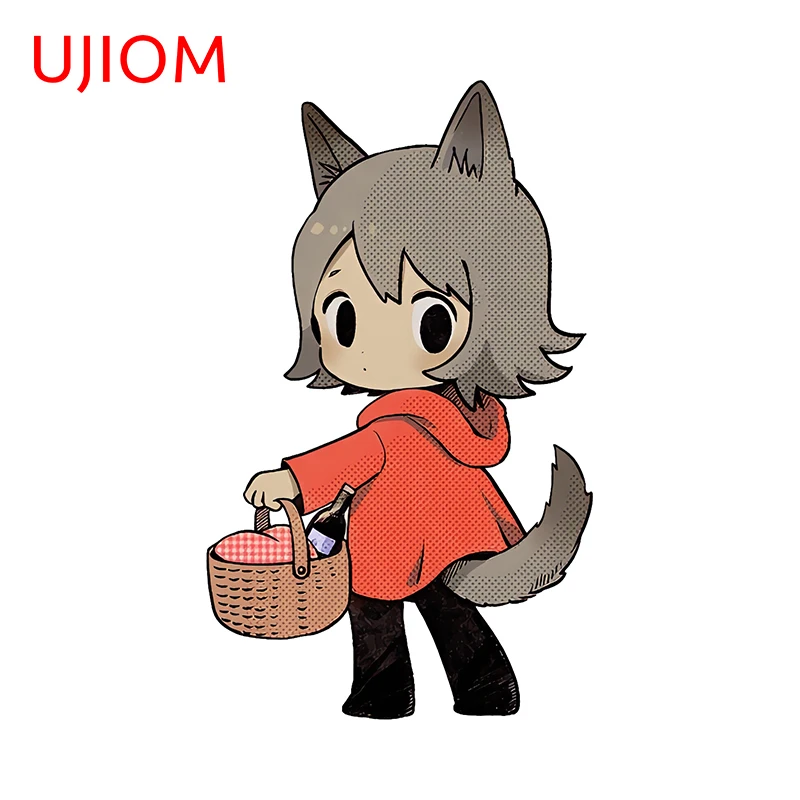 UJIOM 13cm X 7.9cm Girls with The Basket Wolves Furry Cute Wall Stickers Interesting Wallpapers Home Decor Decal 3D Room Murals