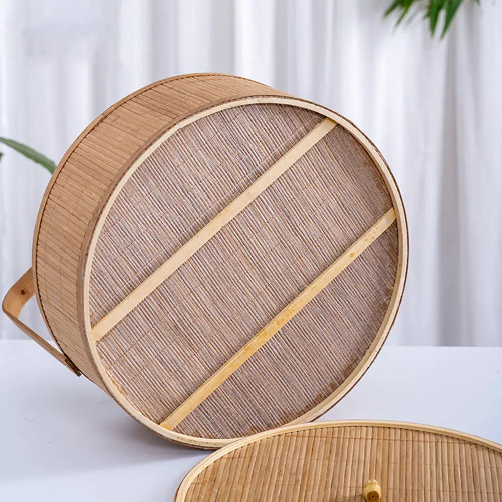 

Плетеная бамбуковая корзина с крышкой для закусок и фруктов, органайзер для пикника на открытом воздухе, винтажная корзина для лунных пряников в деревенском стиле