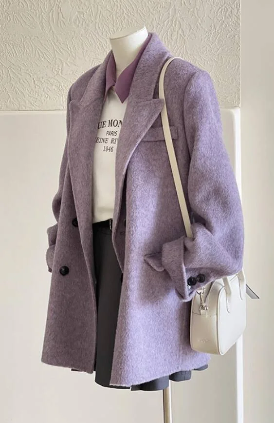 

Wool Blend Coats Womens Woolen Coat A Line Autumn Blended Brocade Notched Collar Button-Up Drop Shoulder Flared Bell Sleeves Ins