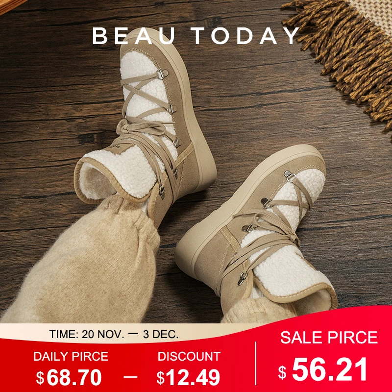 

BeauToday Snow Boots Women Flats Lace Up Round Toe Cow Suede Warm Faux Fur Mixed Color Casual Outdoor Winter Ladies Shoes 08036