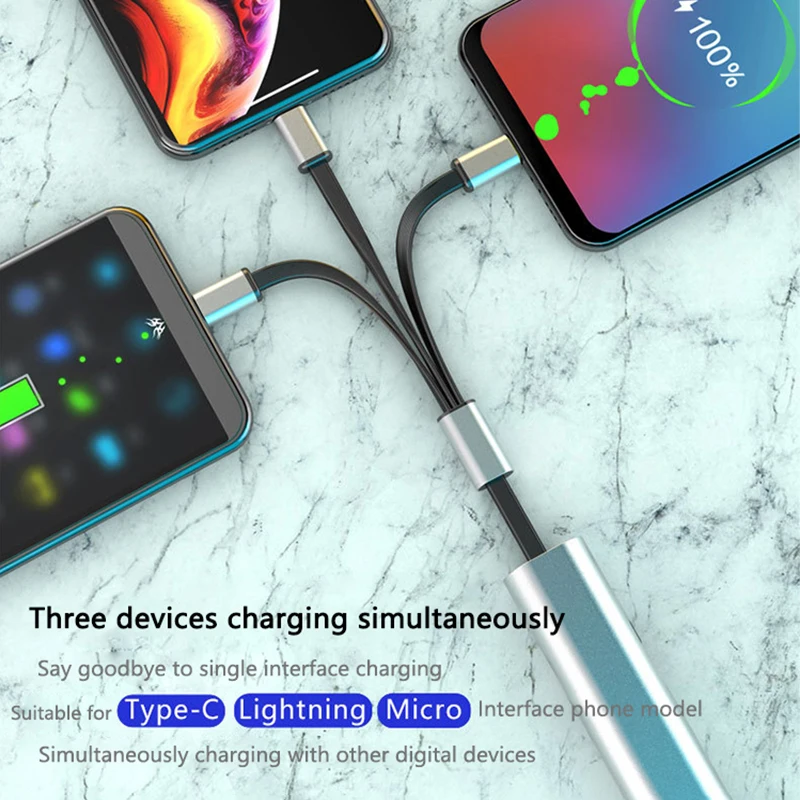 Metal 3in1 Fast Charging USB Cable for iPhone Samsung Huawei Hidden Multi Retractable Micro USB C Charger Cable