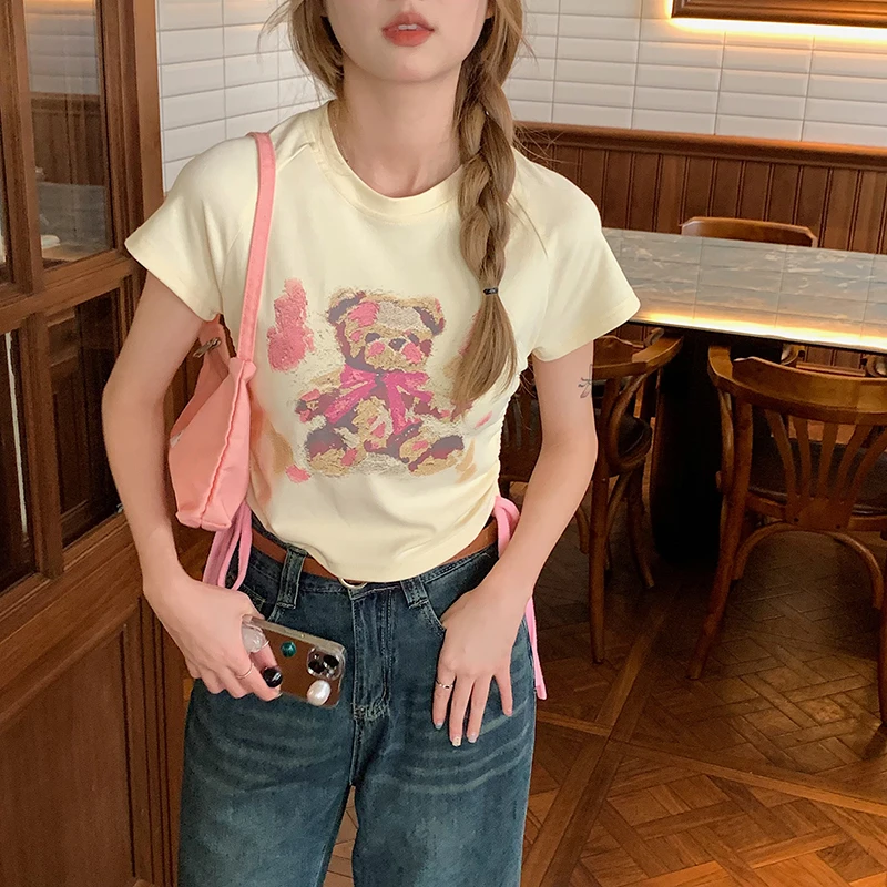 Women T Shirt Korean New Summer Bear Short-sleeved Drawstring Y2k Tops Sweet Cute Casual Versatile Short Tees Female
