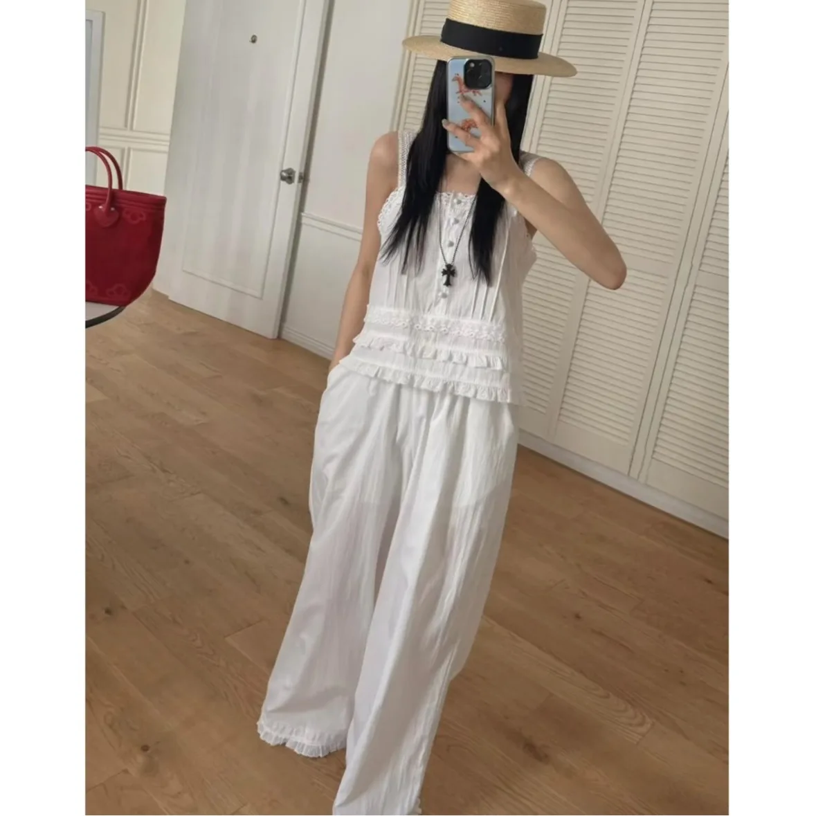 

Fashionable Summer 2026 Korean Style Chic Simple Edged Trim Trendy Strap Set Pants High Waist Long Pants Color No Brand