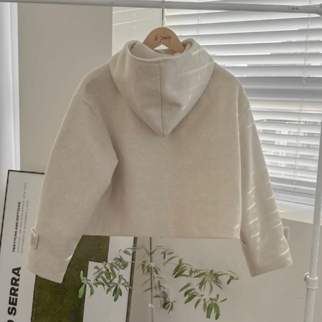 Dames Wollen Jaet Loose Fit Sweet Cool Sle Button Detail Capuchon ort Top East Gate Ins Retro Simple Faion