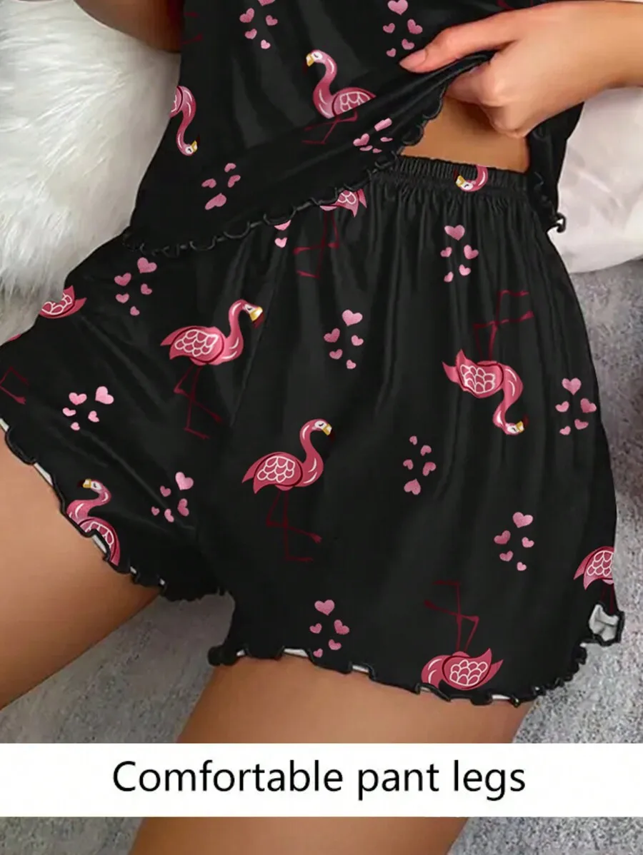 

Women Pajama Set Camisole Shorts Flamingo Heart Print Scoop Neck Backless Lettuce Trim Ice Silk Comfortable