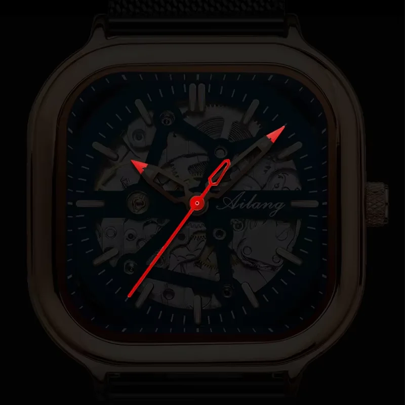 Square Case AILANG Brand Skeleton Mechanical Watch 3 Types Strap Leather Mesh Silicone Waterproof Hollow Automatic Watches