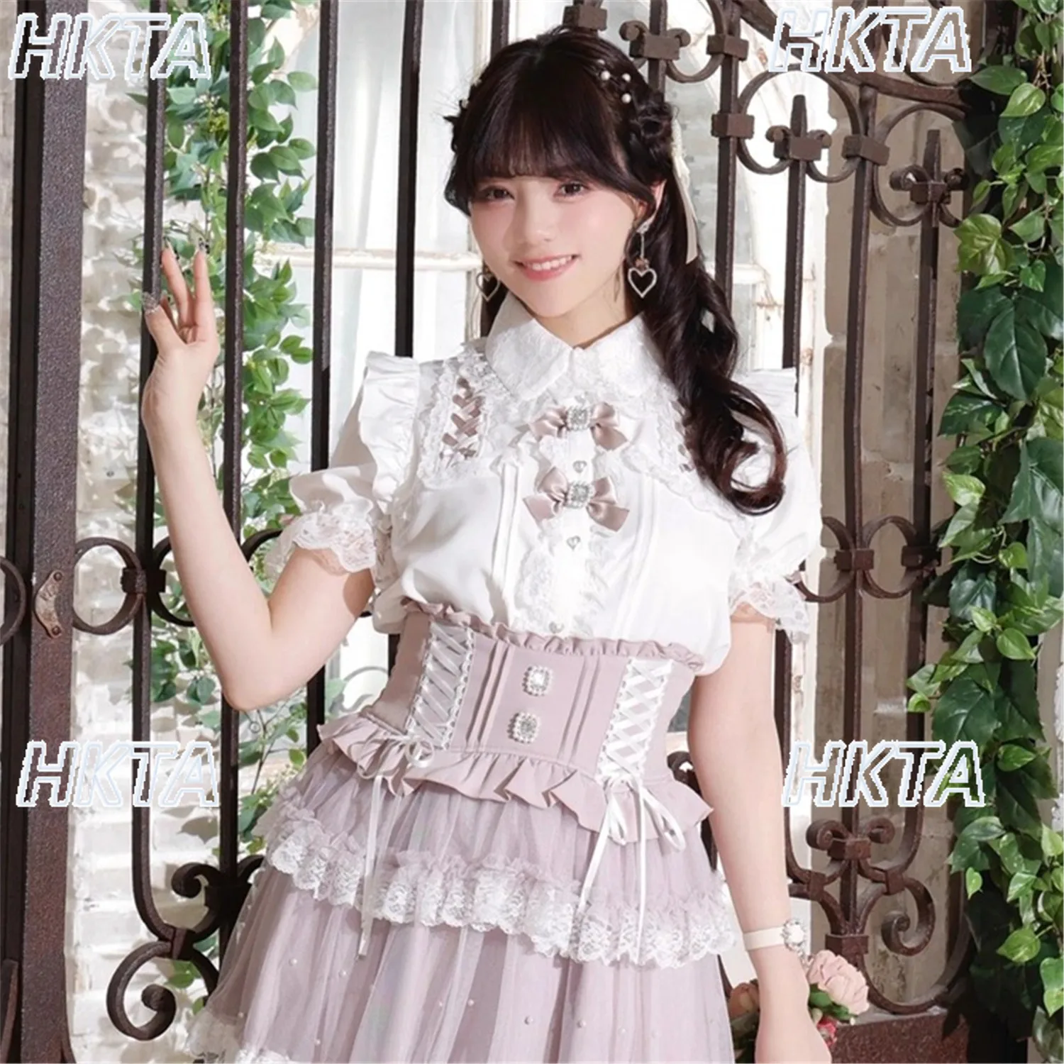 Japanese Bow Cute Doll Collar Lace Rhinestone Bubble Short Sleeve Sweet Lolita Shirt Top 2026 Summer Kawaii White Blouses Women