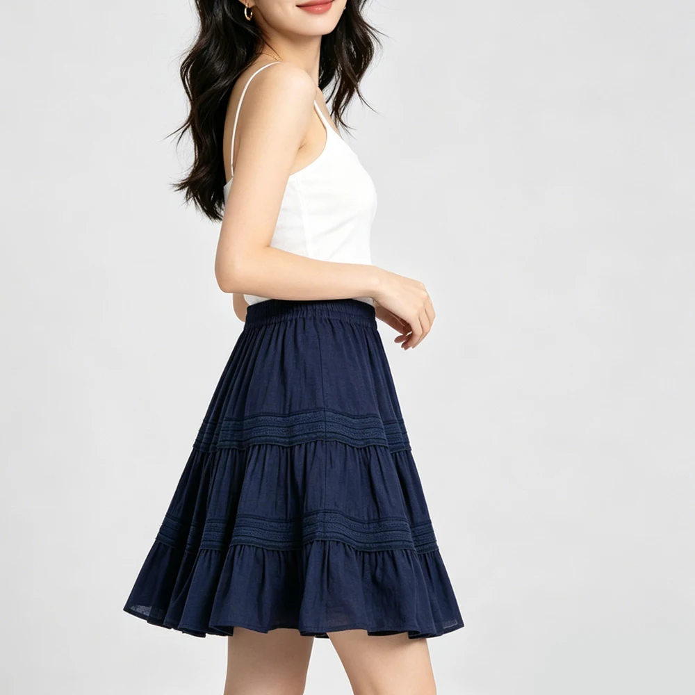 2026 Women's Casual Summer New 50% Natural Mulberry Silk 50% Linen Elastic Waist with Inner Lining Solid Color Skirt