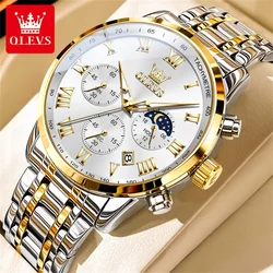 OLEVS New Luxury Quartz Watch for Men Top Brand Stainless Steel Waterpoof Chronograph Mens Wristwatch Clock Moon Phase Man Watch