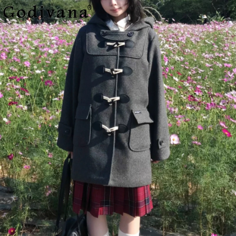 

Autumn Winter Sweet College Gray Thickened Hooded Coat Women's Jk Horn Buckle Fashion Versatile Age-reducing Long-sleeved Coats