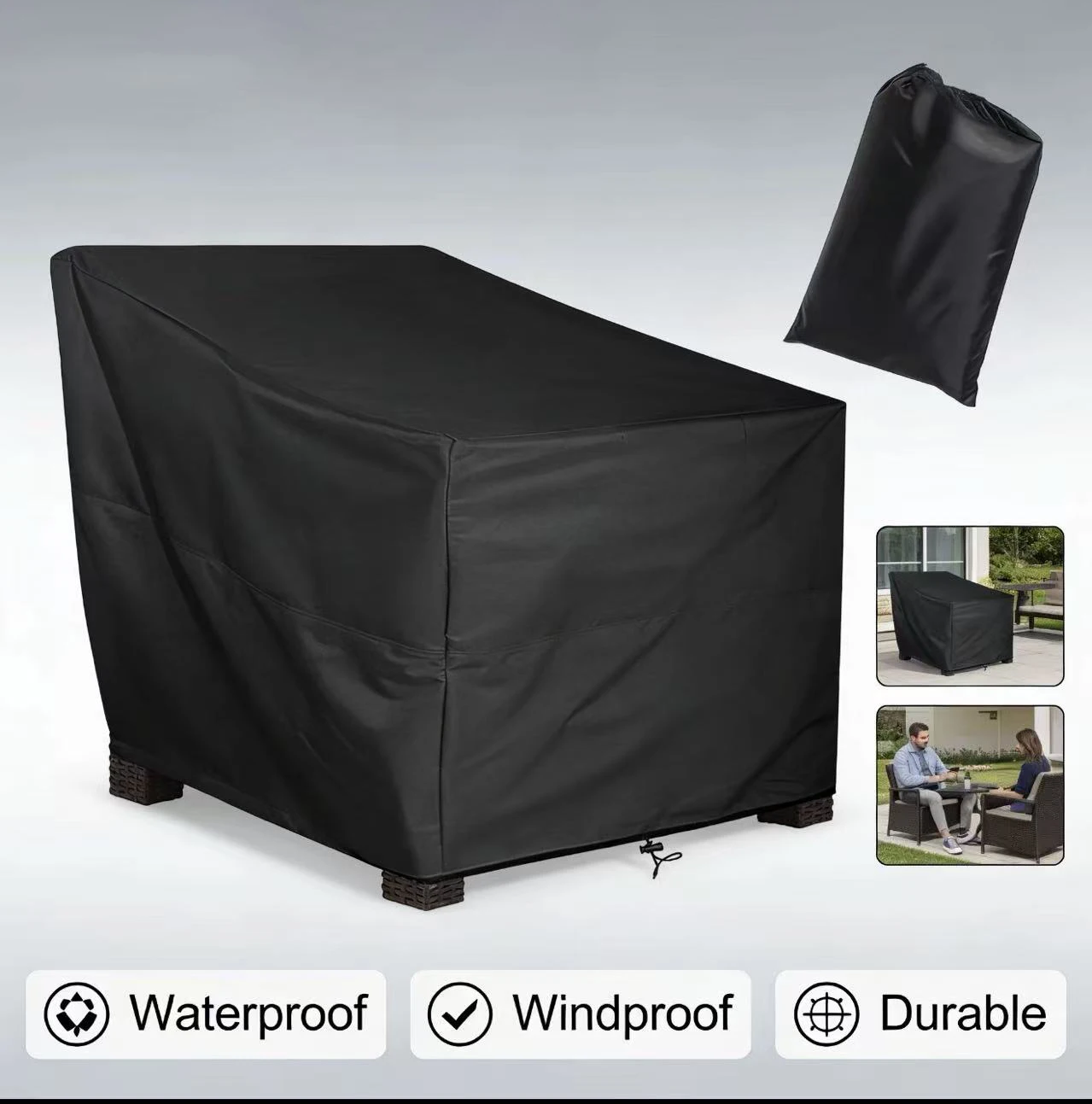 Housse de chaise d'extérieur noire durable - Housse de protection imperméable pour meubles de terrasse pour chaises de loisirs à assise profonde