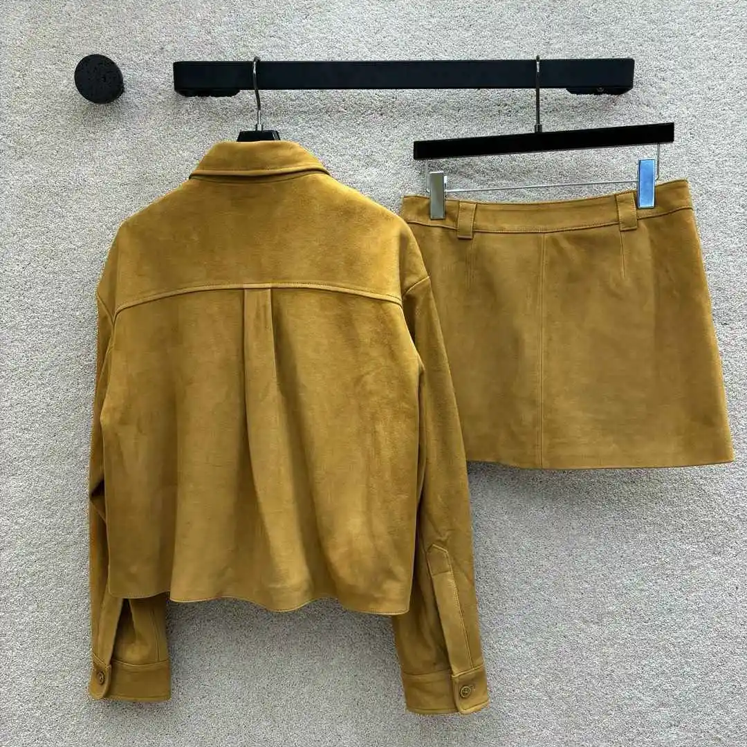 2024 New suede lapel short shirt and waistband short skirt