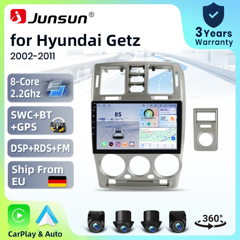 Systèmes stéréo intelligents Android 15 Junsun 9 pouces pour Hyundai Getz 2002-2011, autoradio avec CarPlay sans fil, commande vocale IA, écran tactile IPS, lecteur multimédia intelligent, unité principale 2 Din, GPS, Mirror Link, Bluetooth automobile, 4G, 8 cœurs, FM, DSP, RDS, SWC, DAB+