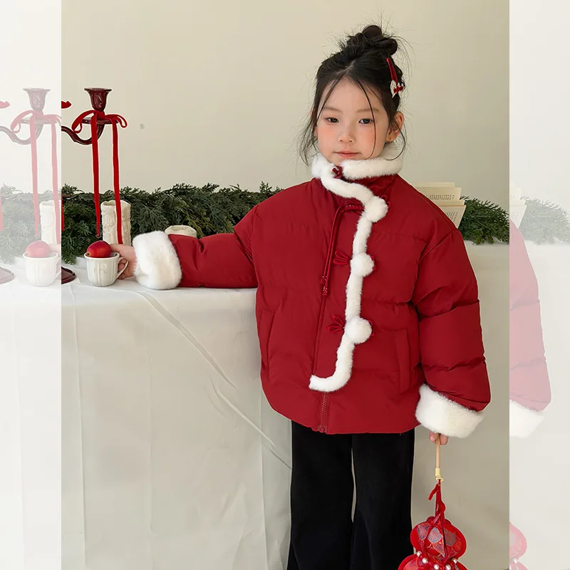 2025 Winter New Fashion Girls Baby Red Cotton Jacket Cute Contrast Color Ball Cotton Clothes Boutique Clothing Simple Style