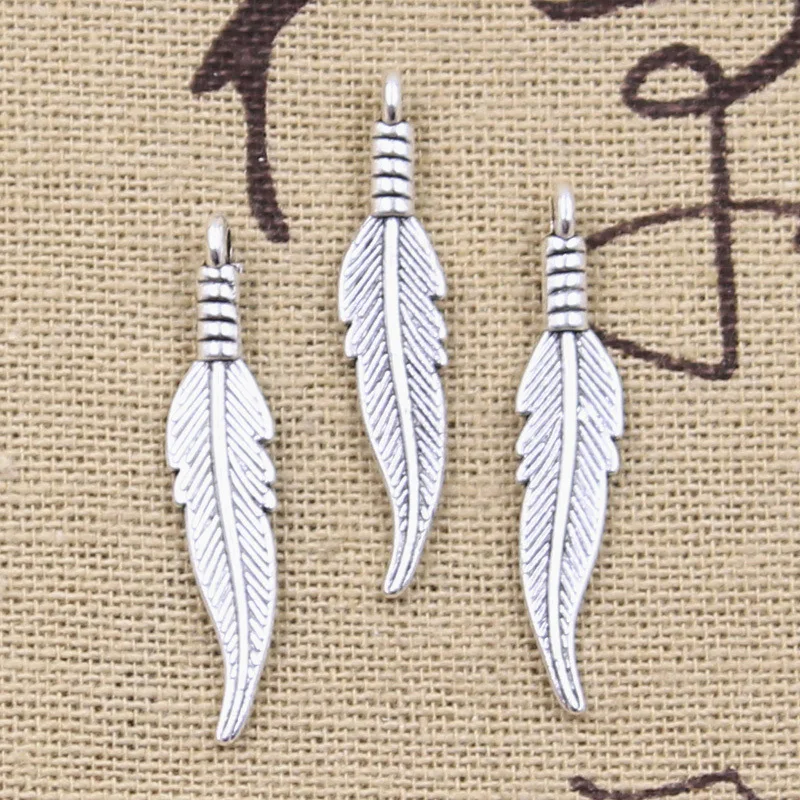 30pcs Charms Double Sided Feather 31x6mm Antique Bronze Silver Color Pendants DIY Craft Making Findings Handmade Tibetan Jewelry