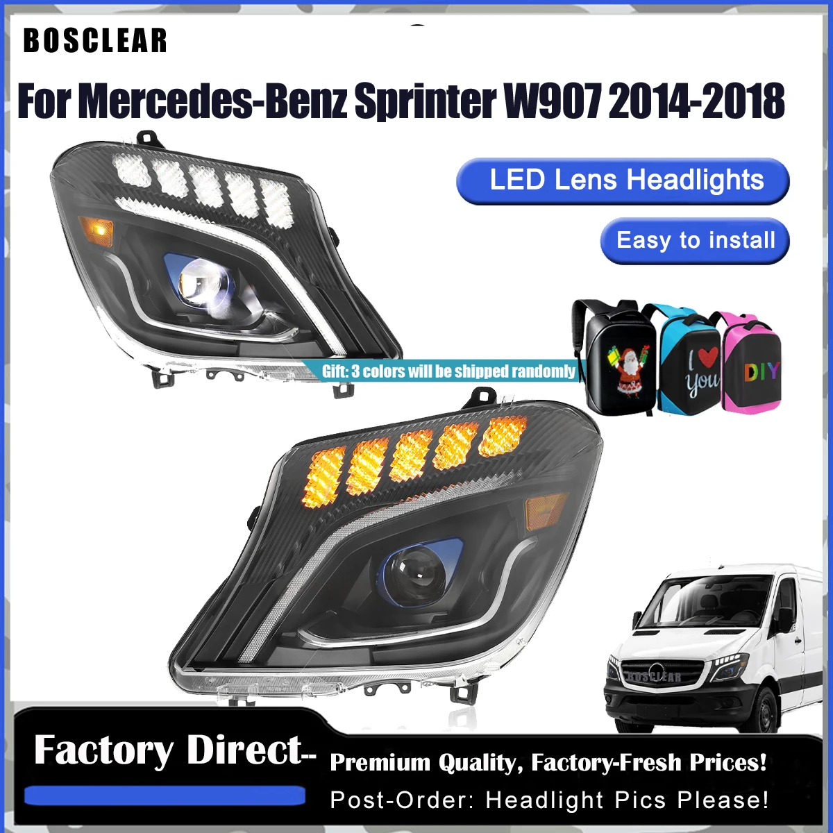 

LED Headlights Assembly For Mercedes Sprinter W907 2014-2018 Sequential Turn Signal Lamps Car Projector Lens Tools Accessories
