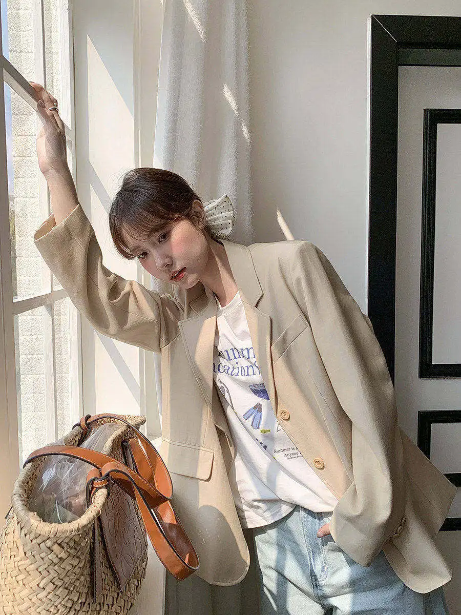 

Linyunyun Yellow Suit Jaet Women's Loose Silhouette Simple Korean Sle Spring 2025 Long Sve Straight Cut Commute Faion