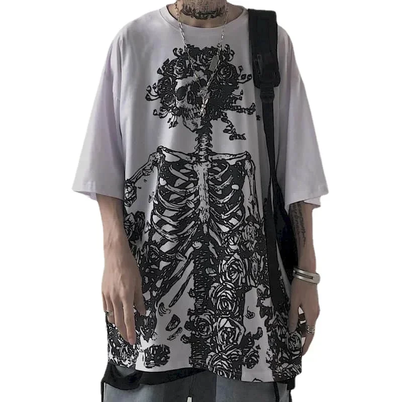 

2024 Summer T-shirts Men Oversized T-shirt Dark High Street Gothic Print Skull Cotton Short Sleeve Tee Harajuku T Shirt for Men