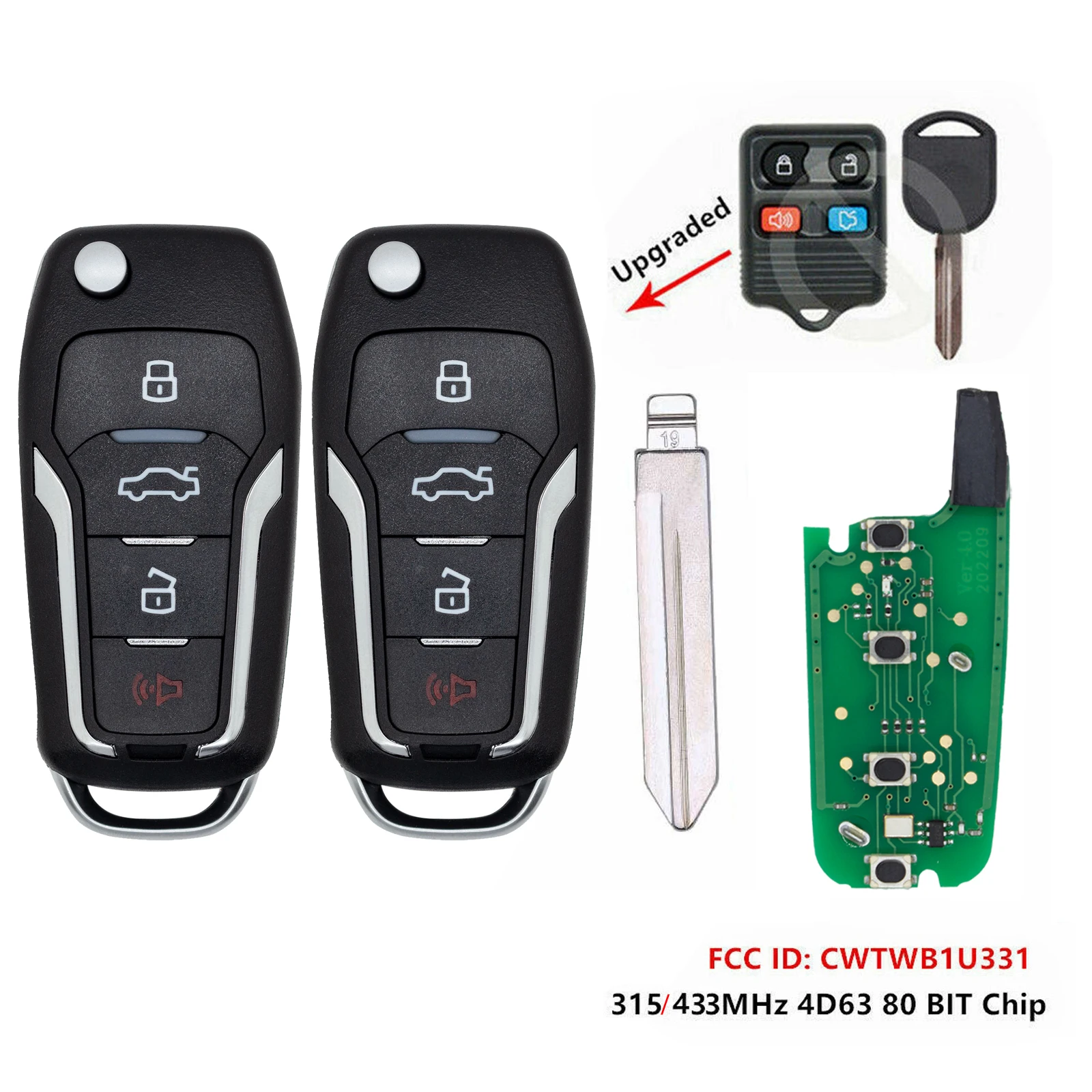 

2pcs for Ford CWTWB1U331 315/433MHZ 4 Buttons Car Remote Key Fob 4D63/80bit Chip ASK Car Control Key