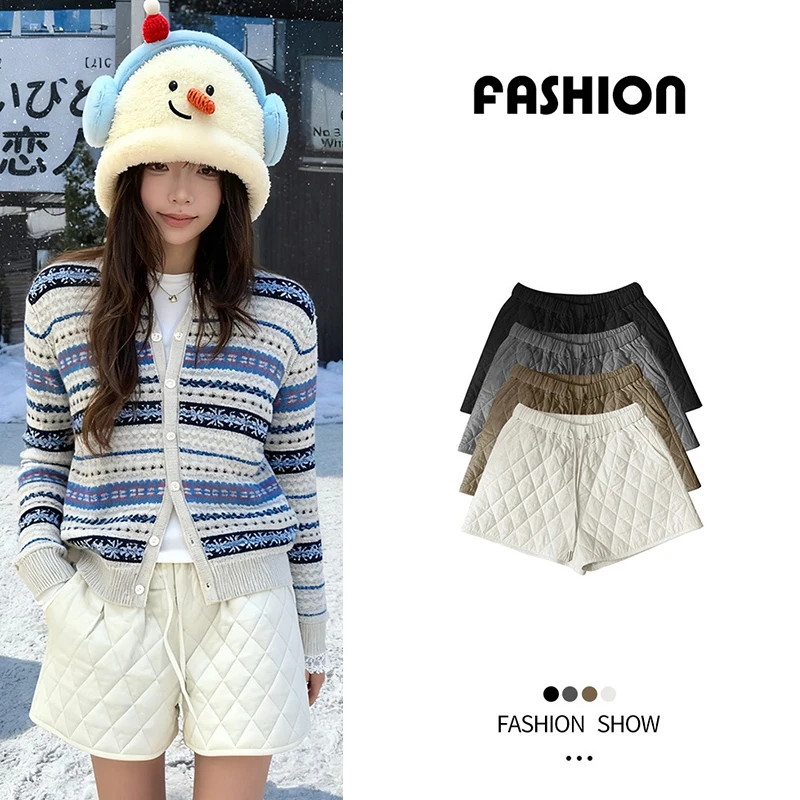 LanCharm 2025 automne hiver coréen taille haute chaud femmes pantalons décontractés diamant-motif épaissi minceur bottes Shorts