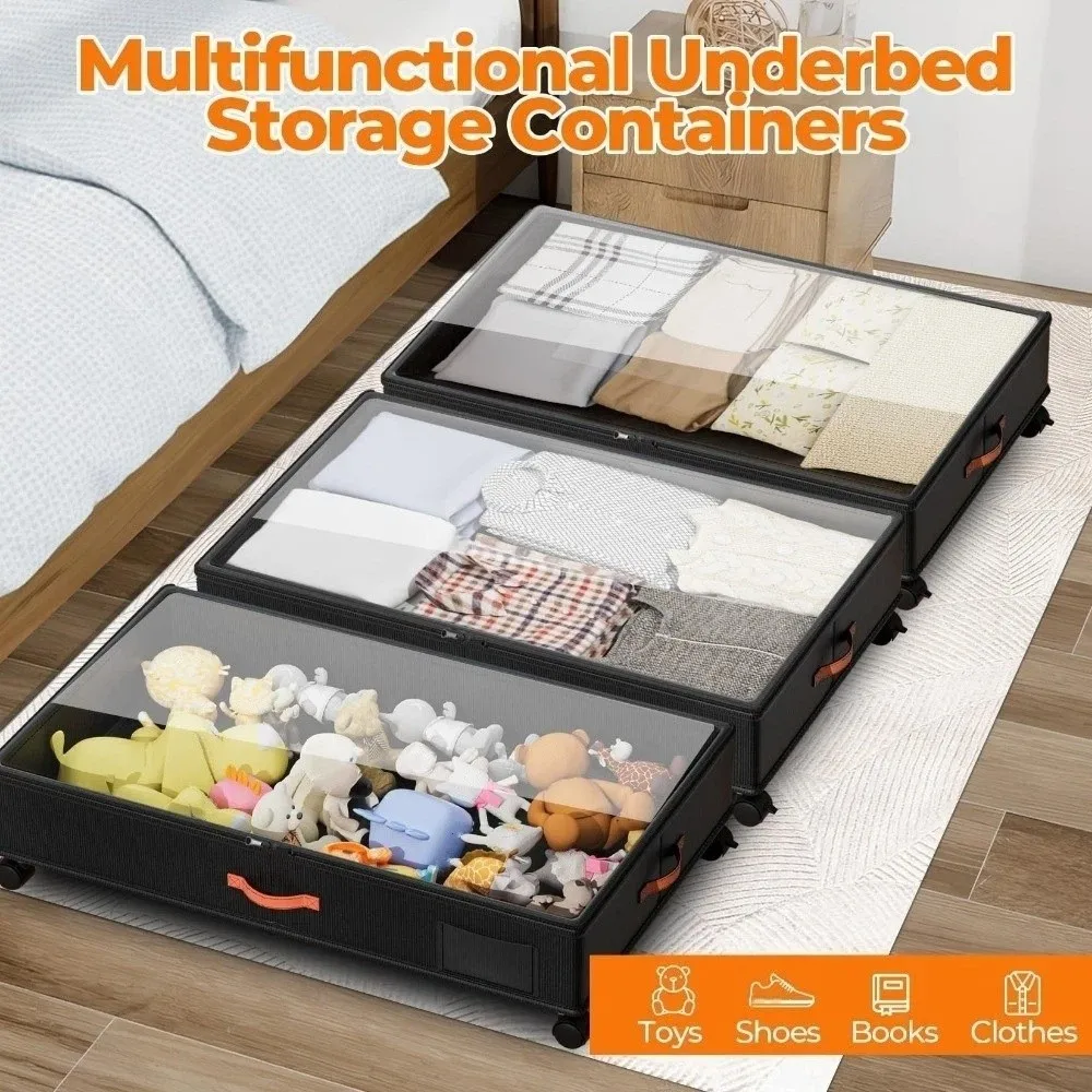 Stackable Under Bed Storage Box Clear Lids Dust-proof Rollable Storage Box Large Capacity Adjustable Underbed Drawer with Wheels