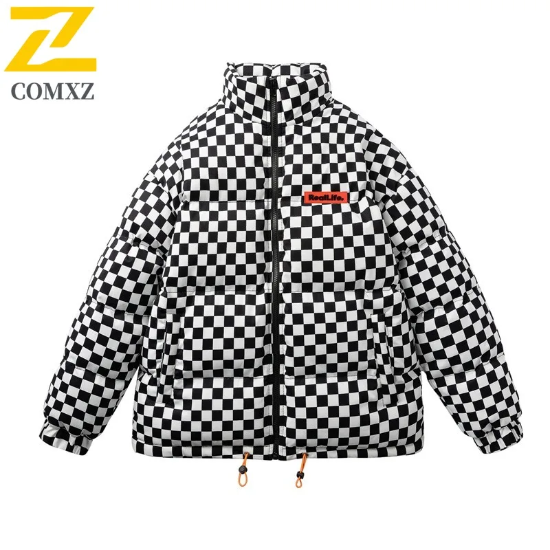 

COMXZ Trendy Cotton Coat High Street Checkerboard Men Winter Parka New Thickened Unisex Couple Wear Lightweight Outerwear